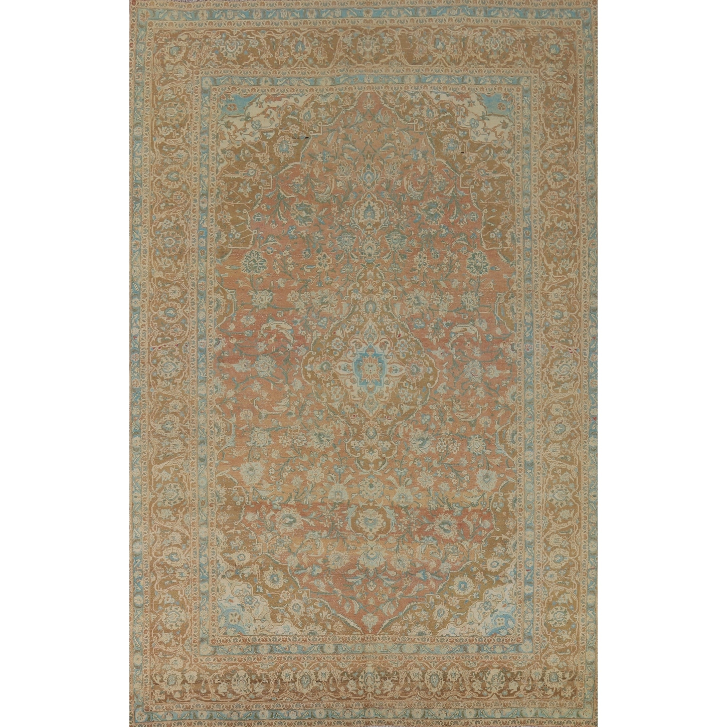 Distressed Floral Mashad Vintage Persian Rug Hand-Knotted