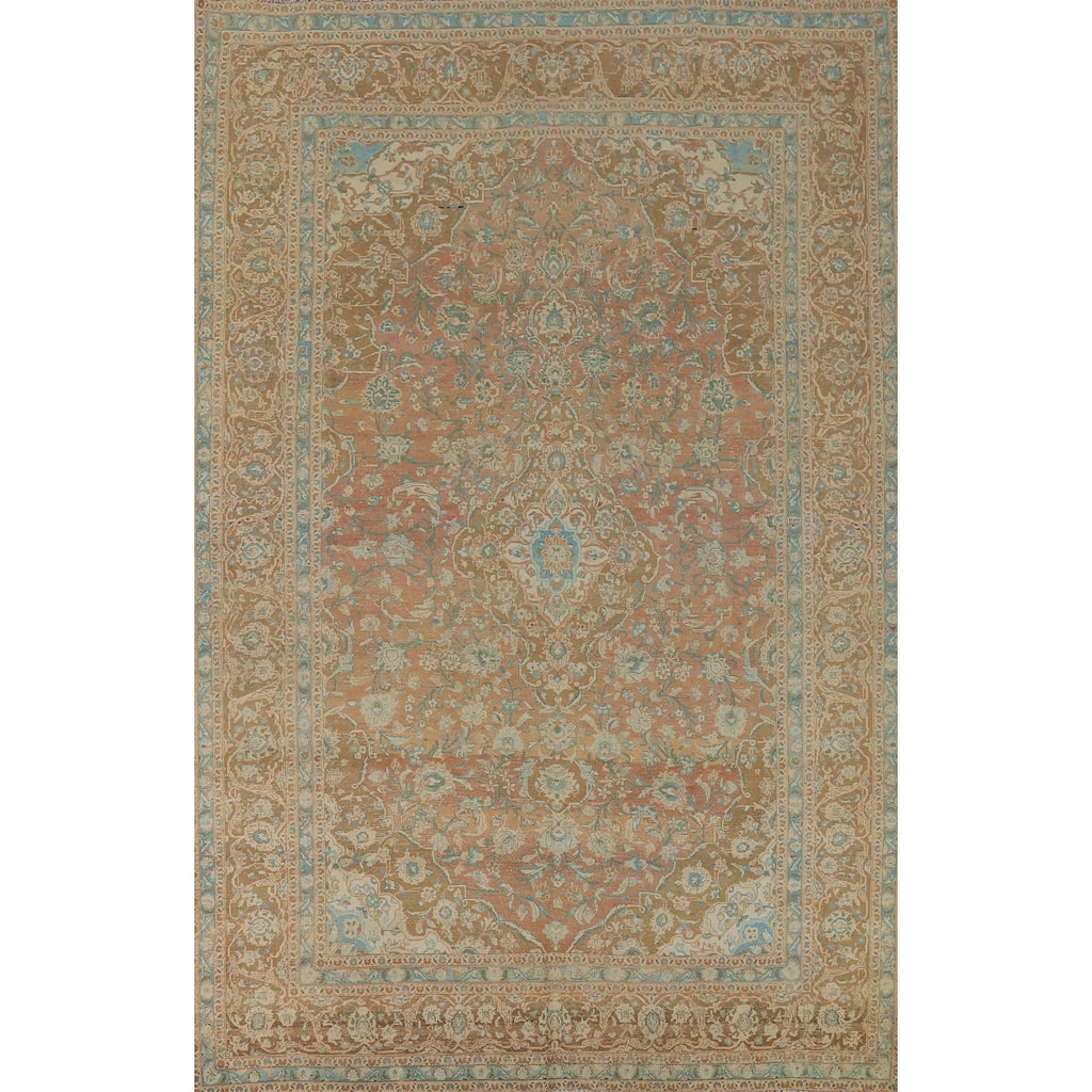 Distressed Floral Mashad Vintage Persian Rug Hand-Knotted Wool Carpet - 8'1" x 11'10"