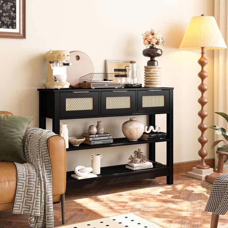 43.3" Sofa/Console Table - with 3 Top Drawers and 2 Open Shelves, Farmhouse Style