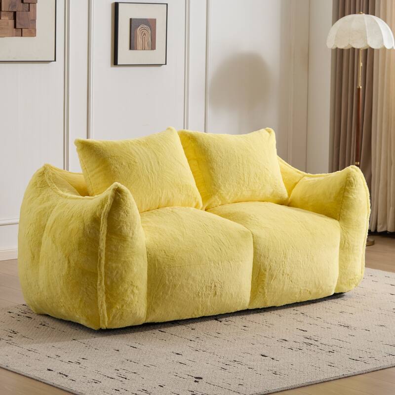 Fabric Upholstered Oversized Chase Lounge Loveseat Bean Bag Lazy Sofa with 2 Pillows