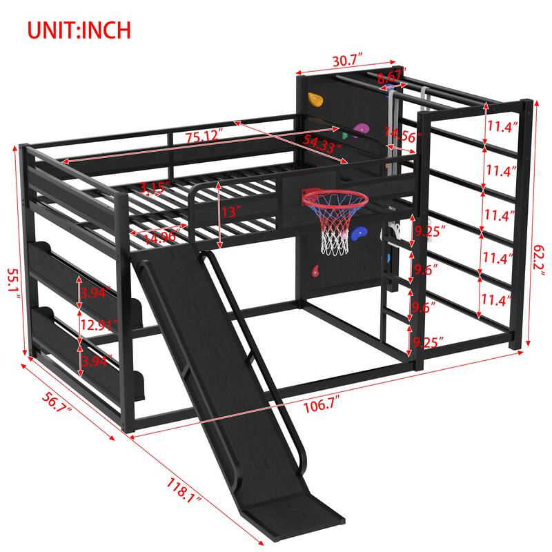 Full size metal loft bed with basketball hoop, pull-up rings, climbing wall, and built-in bookshelves