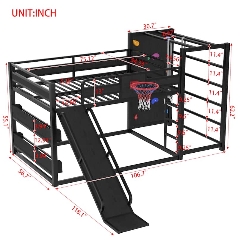Metal Loft Bed with Basketball Hoop, Pull-up Rings, Climbing Wall and Built-in Bookshelves, Heavy Duty Metal Loftbed Frame