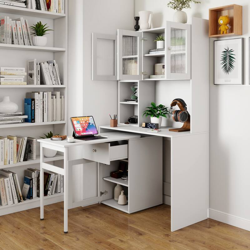 Computer Desk With Glass Door For Home Office Or Study Desk,Bookshelf & Hutch,Computer Desk With 90 Degree Rotating Desktop - White