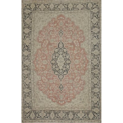 Hand Knotted Oriental 100% Wool Carpet Traditional Floral Pink Kerman Area Rug - 9' 4'' X 6' 11''