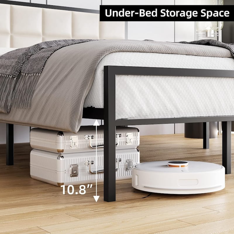 Faux Leather Platform Bed Frame with Upholstered Square Stitched Headboard