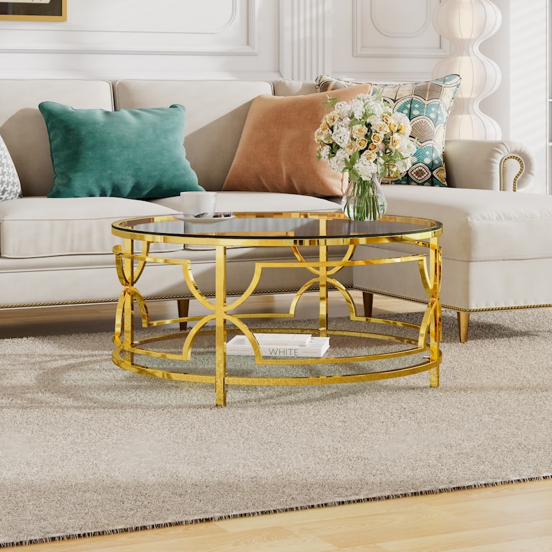 Glass Coffee Table Round Living Room Table, Luxurious Storage Table with Lower Shelf, 30.7" Center Table with Tempered Glass Top - Transparent