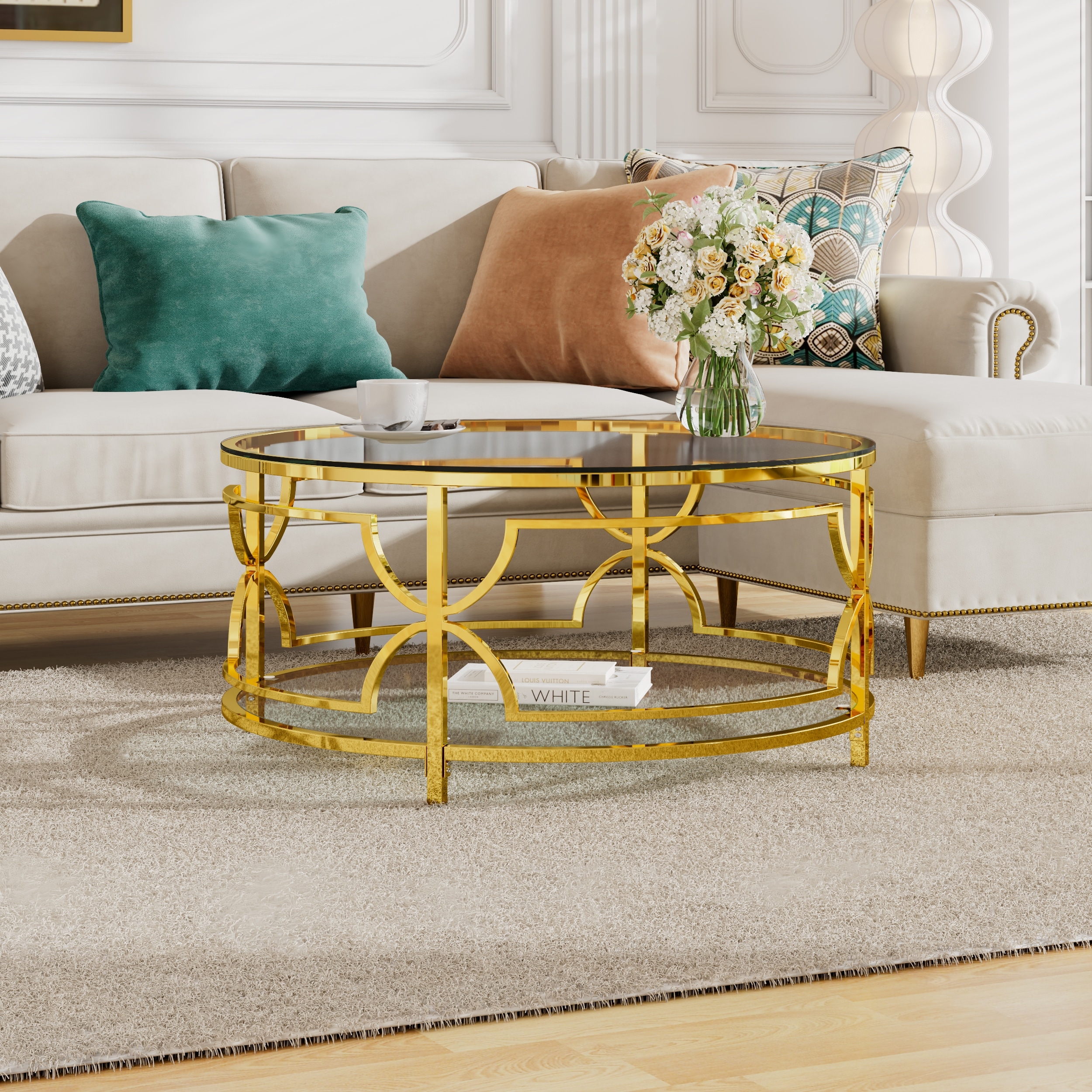 Round Tempered Glass Coffee Table in 30.7", Luxurious Geometric Metal Frame, Gold Finish & Lower Shelf