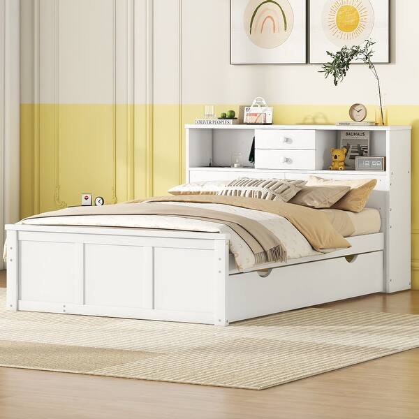 slide 2 of 16, Full Size Bed with Trundle, USB Ports & Storage - Sleek White Finish White