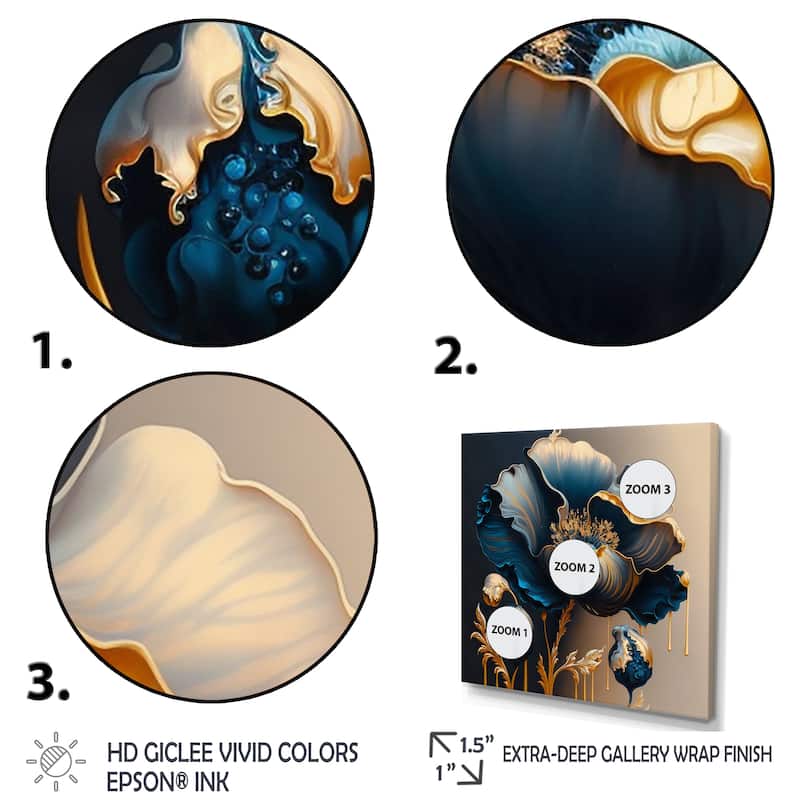 Designart 'Deep Blue And Gold Single Flower V' Floral & Botanical Canvas Wall Art