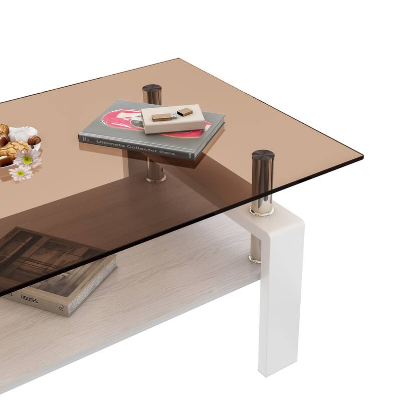 Rectangle Coffee Table, Tempered Glass Tabletop with MDF Layer, Modern Table for Living Room , Brown Glass