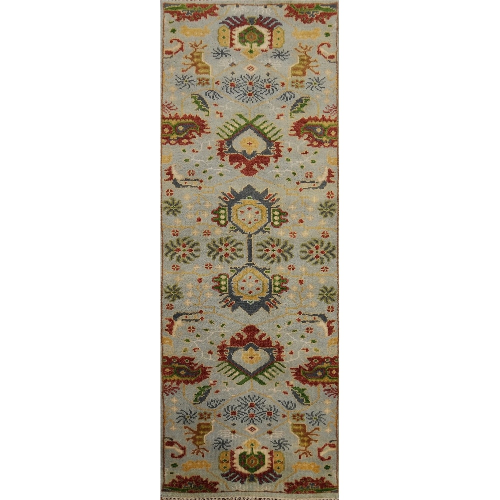 Hand-knotted Traditional Wool Grey Geometric Area Rug Oriental Carpet - 8' 0'' X 2' 6''