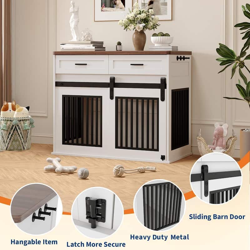 Dog Crate Furniture with Barn Door, Indoor Kennel Table with Storage - N/A