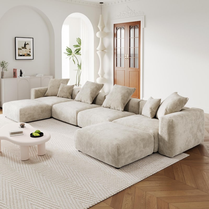 U-Shaped Luxurious Modular Sectional Couch with Chaise Ottoman - Beige
