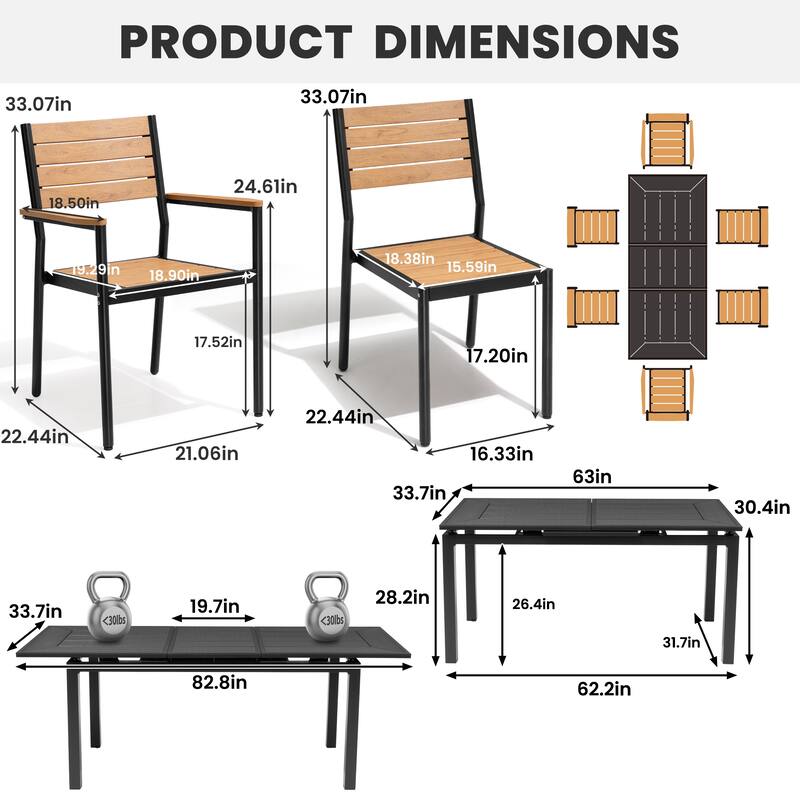 7-Piece Set Extendable Outdoor Aluminum Dining Table with Stackable Chairs