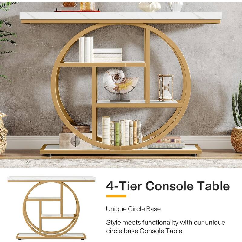 41.3" Industrial Console Table, 4-Tier Sofa Entryway Table with Circle Base, Modern Narrow Accent Table with Storage