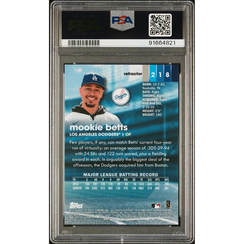 Mookie Betts 2020 Topps Stadium Club Chrome Refractor Card #218 Graded PSA 10 - 8'6" x 11'6"