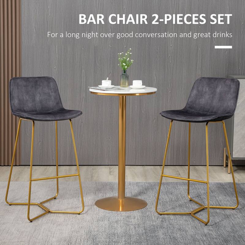 HOMCOM Tall Bar Stools, Set of 2, Velvet-Touch Fabric Bar Chairs, Bar Stools with Gold-Tone Metal Legs for Dining Area