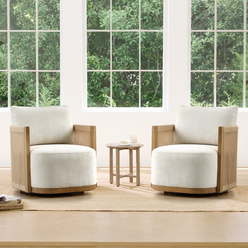 Spruce & Spring Modern Boho Braid Swivel Accent Chair with Hand-Woven Paper Cord Arm - Set of 2 - Linen