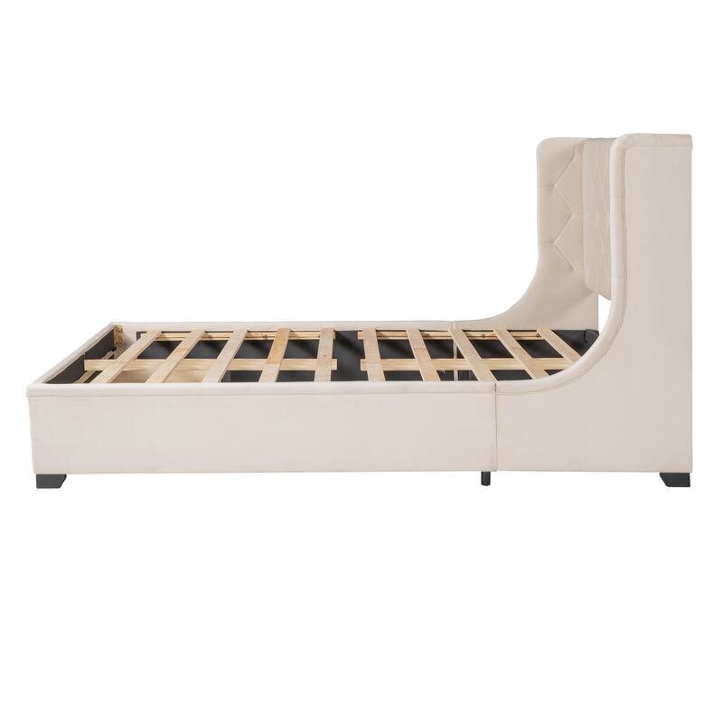 Velvet Upholstered Bed Platform Bed Frame Queen Size Wingback Bed with Tufted Headboard and Large Storage Drawer