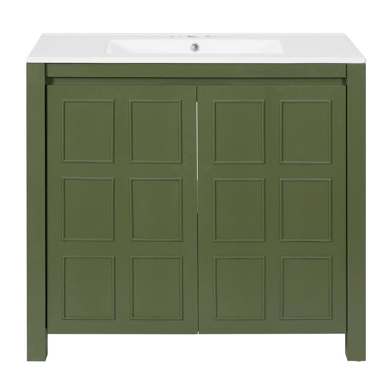 36" Rustic Bathroom Vanity Cabinet with Ceramic Sink -Solid Wood Freestanding Organizer with Soft Close Doors.