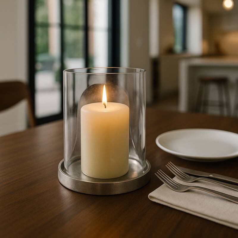 Metal Glass Lantern Hurricane Modern Design Home Office - Silver - 8.5"