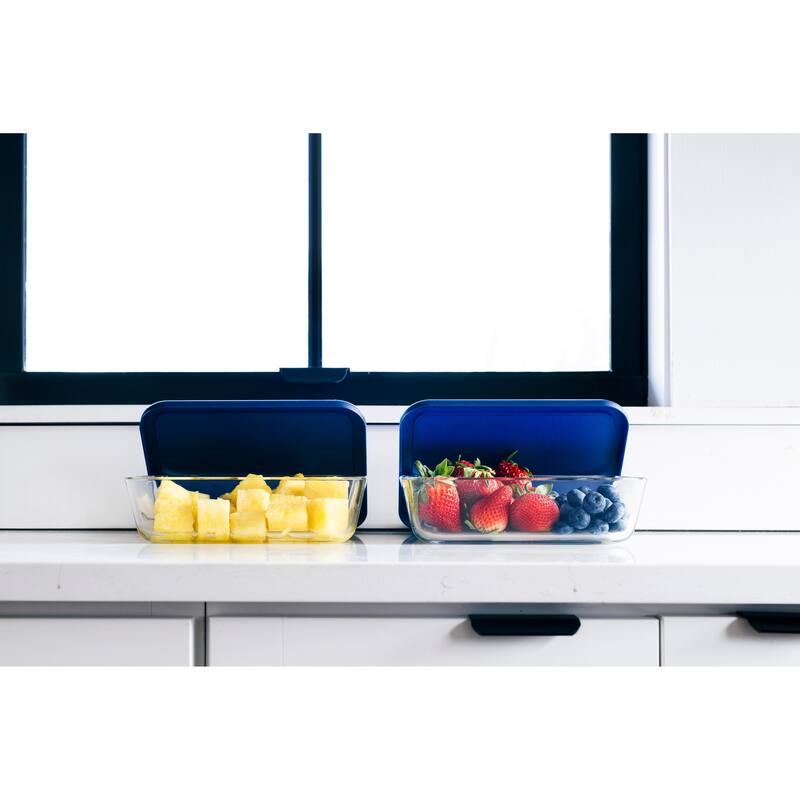 Dura Living Glass Food Containers - 6.55 Cup Rectangular Set - Microwave, Oven, & Dishwasher Safe, BPA-Free Lids - 8 Piece Set (4 Containers + 4 Lids) - Blue