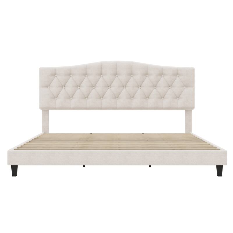 Roomfitters Queen/King Size Elegant Tufted Upholstered Platform Bed Frame, Diamond Button Headboard, No Box Spring Needed, Beige