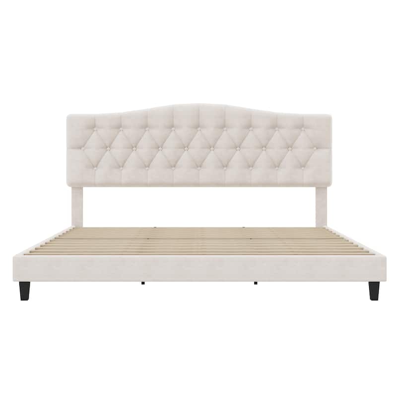 Upholstered Platform Bed with Saddle Curved Adjustable Headboard and Diamond Tufted Details, Wooden Slats, King