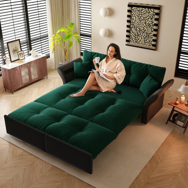 74.8" Queen Pull Velvet Out Sofa Bed, 3-in-1 Convertible Sleeper Tufted Sofa with 2 Soft Pillows-Green