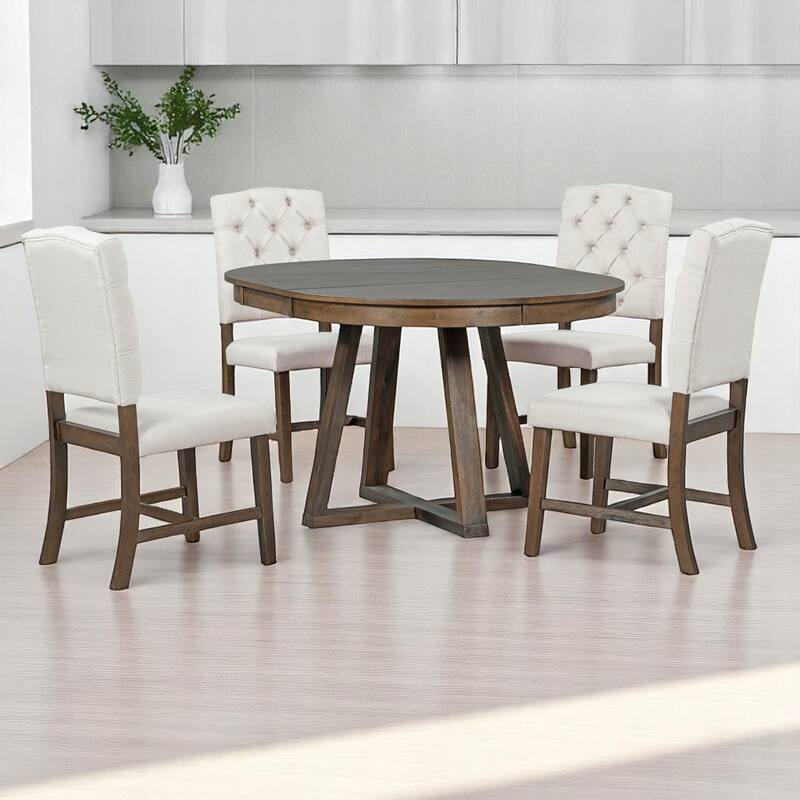 5-Piece Dining Table Set with 4 Upholstered Chairs, 16" Leaf Dining Table, Solid Wood & MDF, for Small Spaces and Dining Rooms - Walnut