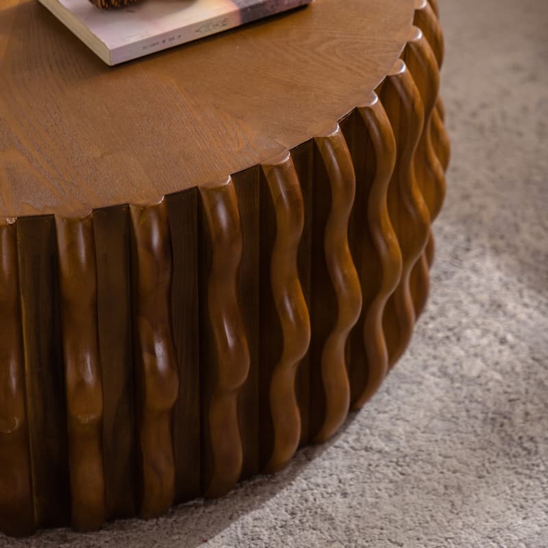 Drum Fluted Modern Round Coffee Table, Mid Century Circle Center Coffee Tables with Sturdy Pedestal