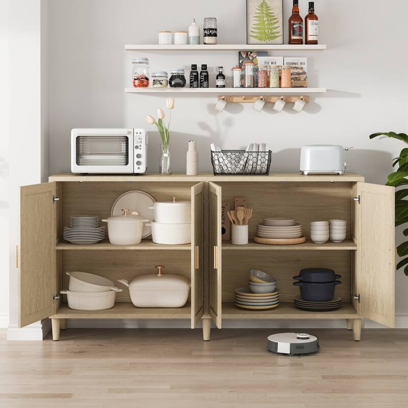 Rattan Buffet Cabinet with Storage, 4-Door Sideboard Buffet Cabinet with Adjustable Shelves for Kitchen, Living Room