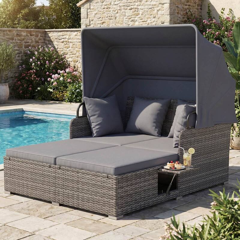 Costway Patio Rattan Daybed Lounge Retractable Top Canopy Side Tables - See Details
