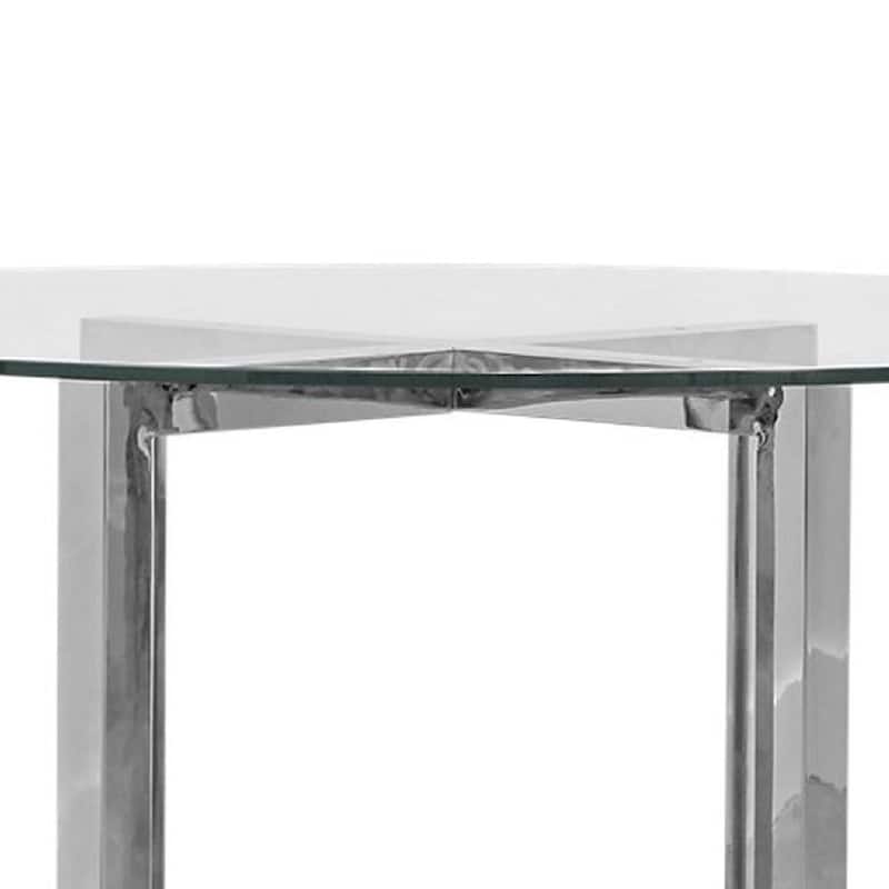 Eun 48 Inch Round Dining Table with Clear Glass Top, Cross Base, Chrome