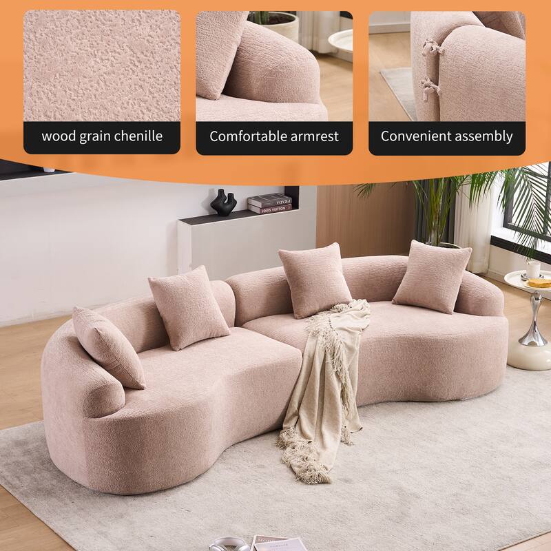 Full Compression Sponge Chenille Curved Sleeper Sofa Couch with 4 Pillows