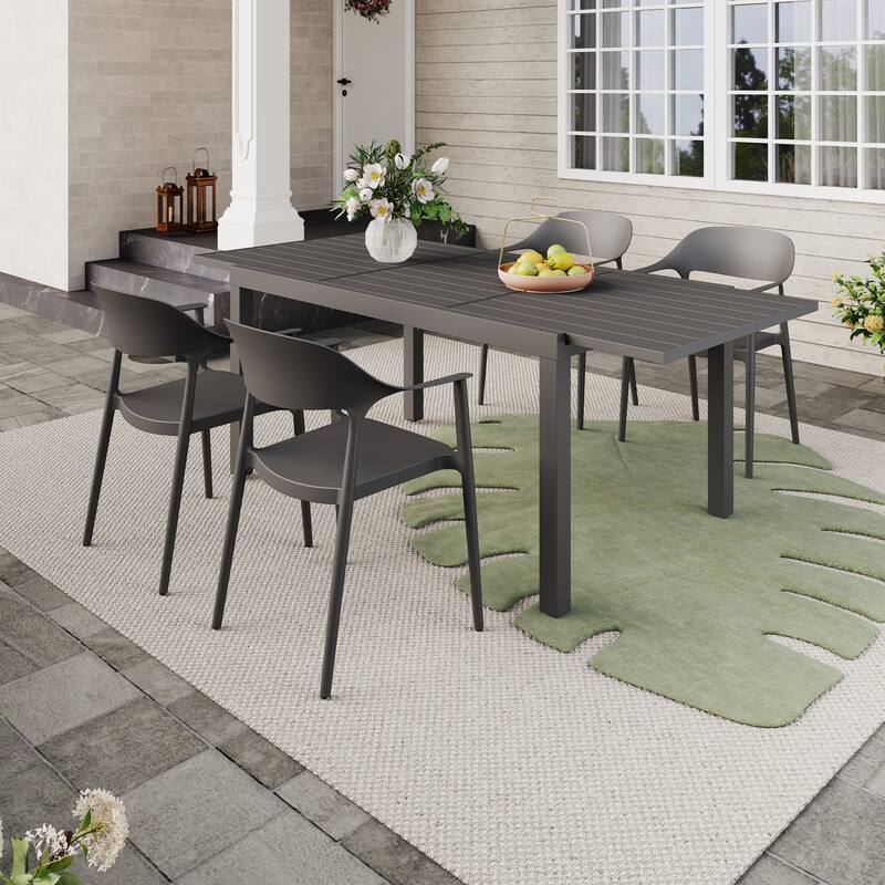Outdoor Dining Set 5-Piece Stackable Plastic Lightweight Curved Backrest Armchair and Extendable Dining Table - Black chair & Dark Grey table