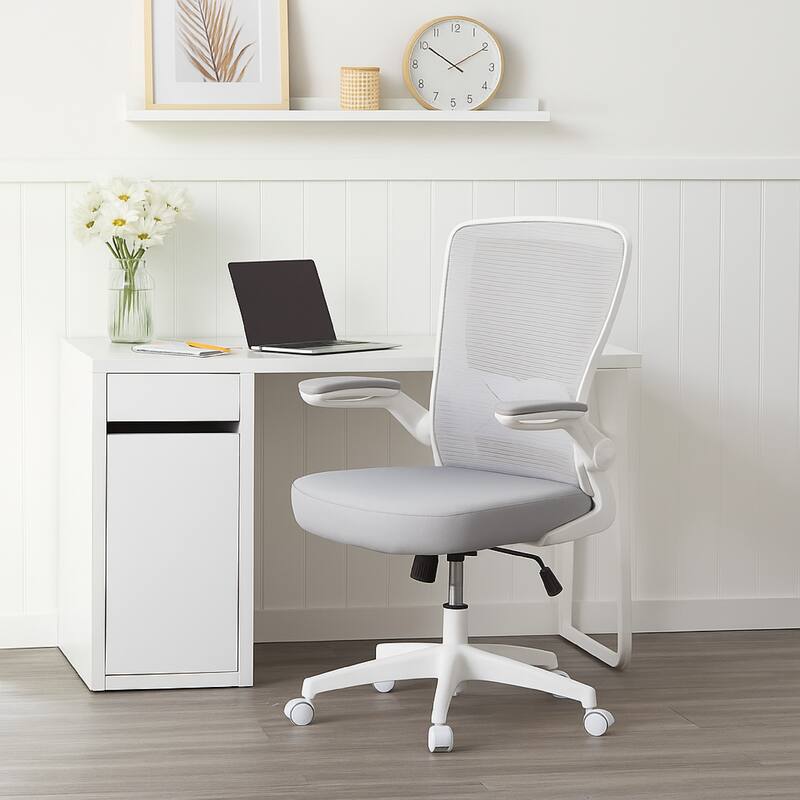 Rolling Task Chair, Gray Mesh, White Flip Up Arms, Upright Locking