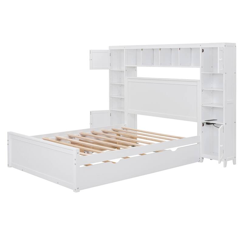 Full Size Wooden Bed with Built-in Cabinet, Shelf, Outlets, and Trundle in White