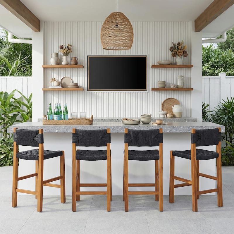 Christopher Knight Home - Modern Acacia Wood Outdoor Bar Stools with Teak Finish and Wicker Back Patio Chairs - Setof4_Tight Weave Back_Black