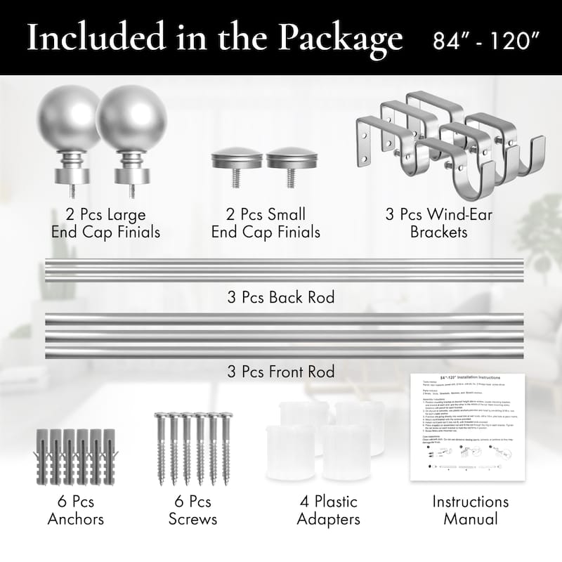 Meriville 1-Inch Diameter Steel Ball Double Window Curtain Rod with Norwood End Cap Finial