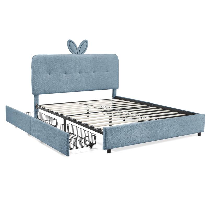 Queen Size Boucle Upholstered Bed with Rabbit Ear Headboard, LED Music Sync & 4 Drawers