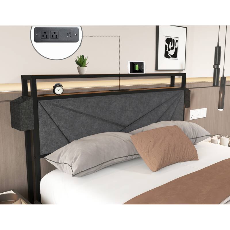 Full Bed Frame with Storage Headboard, Charging Station, LED Lights, and 4 Drawers - No Box Spring Needed