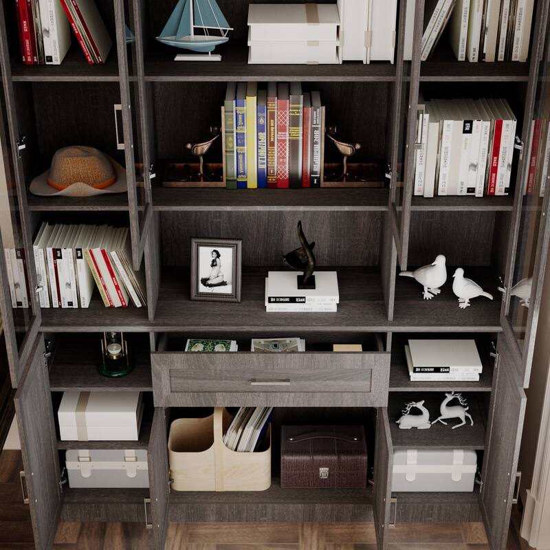 Modular Glass Door Bookcase Wall Unit with Storage Cabinets and Drawers, Dark Oak Display Hutch for Living Room or Home Office