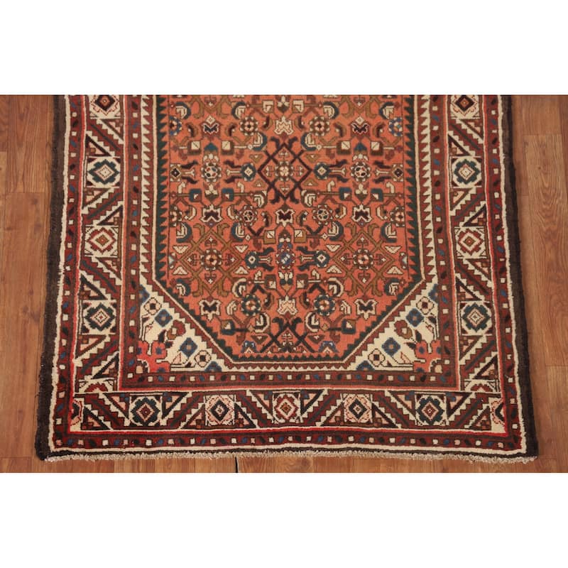 Geometric / Medallion Hamedan Vintage Runner Rug Handmade Wool Carpet - 3'5"x 10'4"