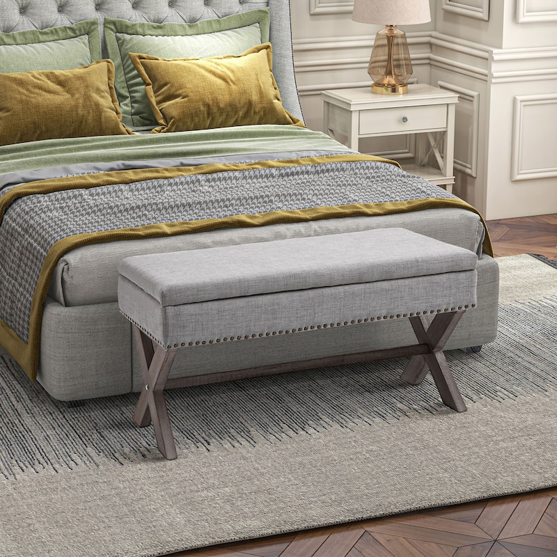 Grey Upholstered Storage Shoe Bench with Nail head Trim for Entryway Bedroom or Living Room Seating