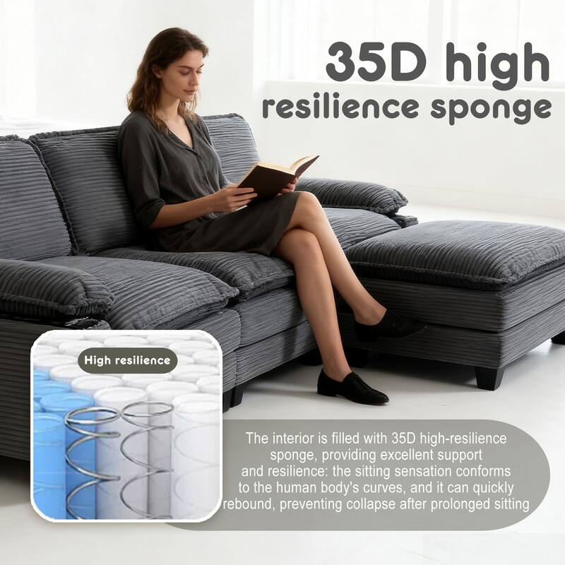 L-Shaped Modular Sectional Sofa with Ottoman, Oversized Corduroy Upholstered Cloud Couch with Cup Holders & Side Pockets - DARK GREY