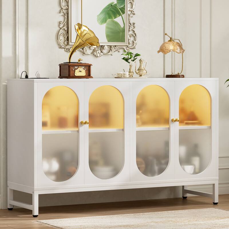 Modern Farmhouse Black Sideboard Buffet with USB Port, Black Storage Bar Cabinet with LED Light