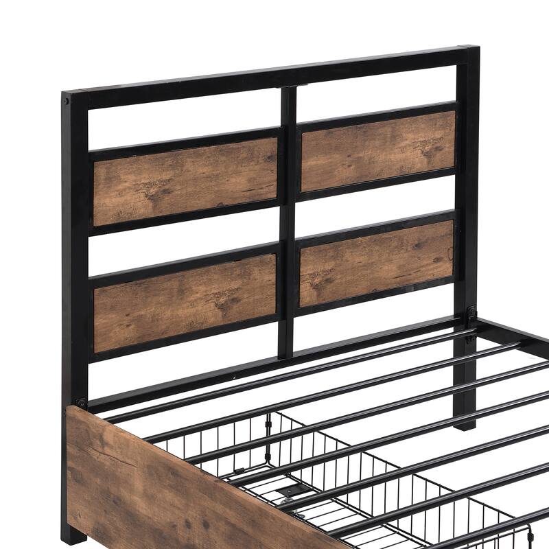 Twin Size Metal Platform Bed with Drawers and Rotatable TV Stand