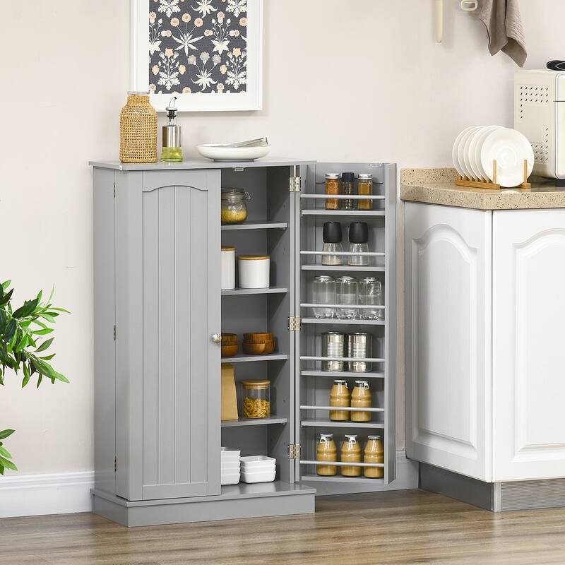 Modern Buffet Kitchen Pantry Cabinet with Adjustable Shelves and Side Racks, Small Storage Organizer Cabinet with Doors - Gray