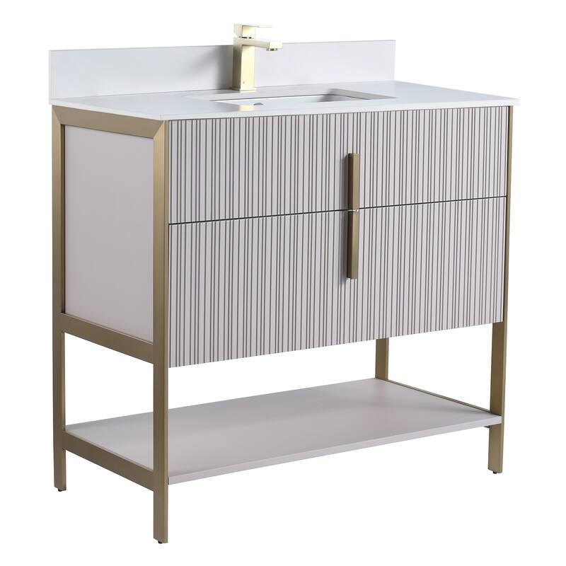 Fine Fixtures Serenity Modern Bathroom Vanity with White Stone Top - Bright Taupe - Brass Hardware - 36 inch